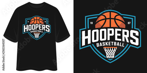 hoopers basketball est 1987 vintage varsity league shield sport athlete graphic tee t shirt design vector illustration artwork