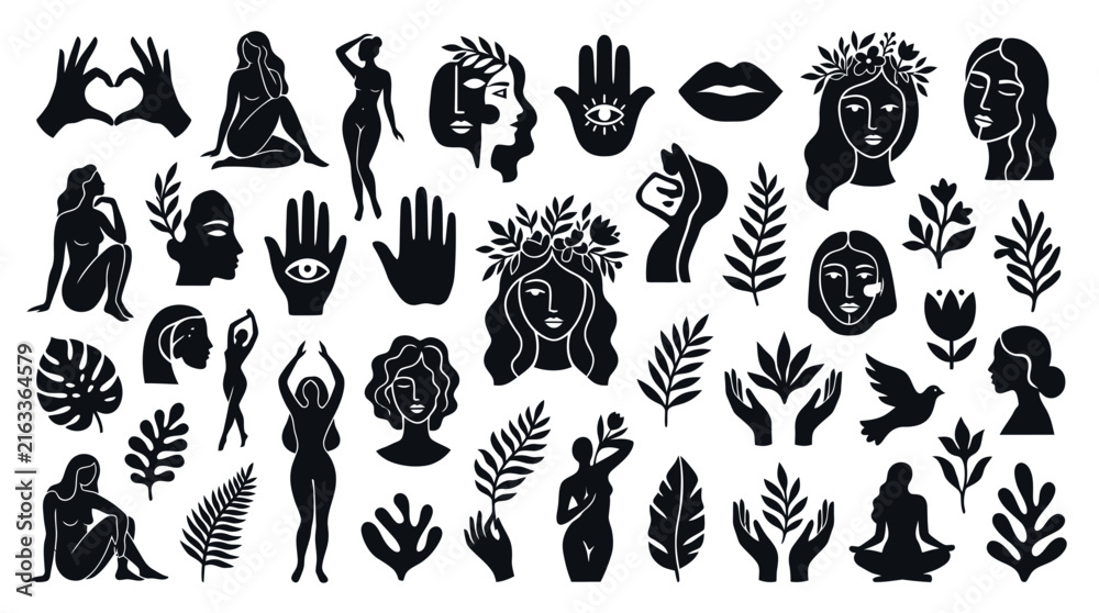 Obraz premium Minimalist vector illustration set featuring organic feminine figures and botanical elements in flat black ink style