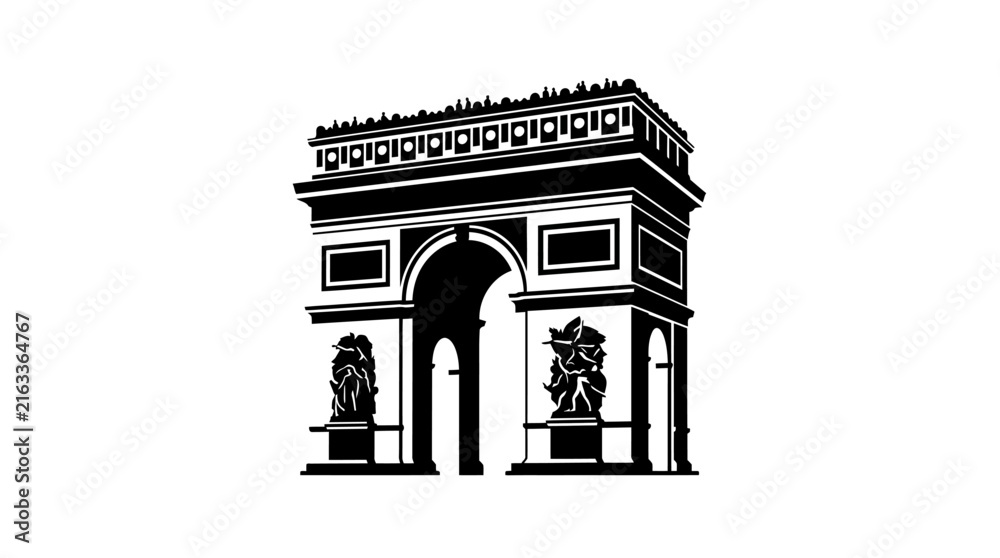 Fototapeta premium Black silhouette of the arc de triomphe on a white background