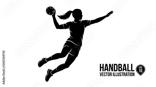 Dynamic female handball player silhouette jumping and throwing ball in this professional black vector design illustration