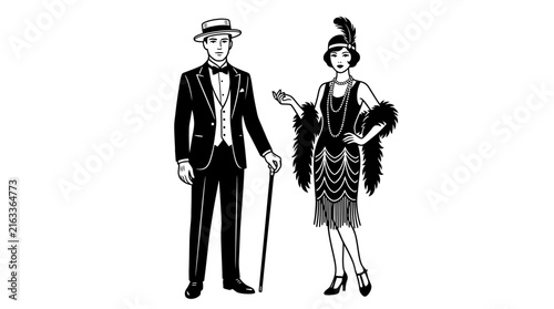 Elegant vintage couple dressed in formal nineteen twenties attire presented as a clean black vector illustration