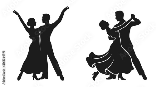 Elegant ballroom dancing couple silhouettes showcasing fluid movement in a creative minimalist vector graphic art design