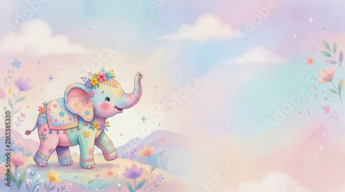 Colorful elephant walking in a pastel scene with flowers