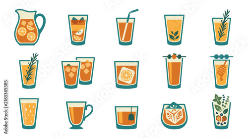 Collection of refreshing beverages and drinks in various glasses and a pitcher