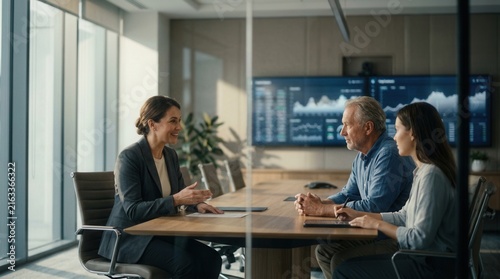 Business Meeting Discussion With Financial Data Displayed On Screen