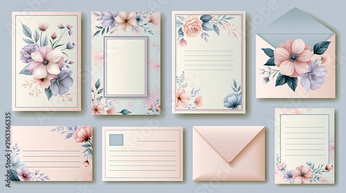 Stationery mock-up set containing blush pink envelopes and floral cards decorated with watercolor blossoms.
