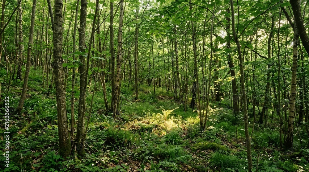 Fototapeta premium Beautiful dense green forest landscape with golden sunlight rays filtering through leaves on a bright summer day