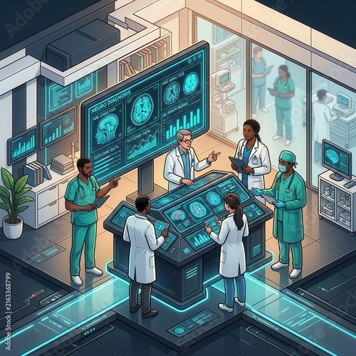 Advanced Medical Technology Team Collaborating in a Futuristic Lab Setting
