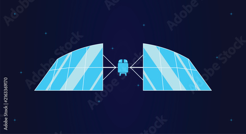 Satelite orbiting earth wigh large solar panels in deep space flat illustration