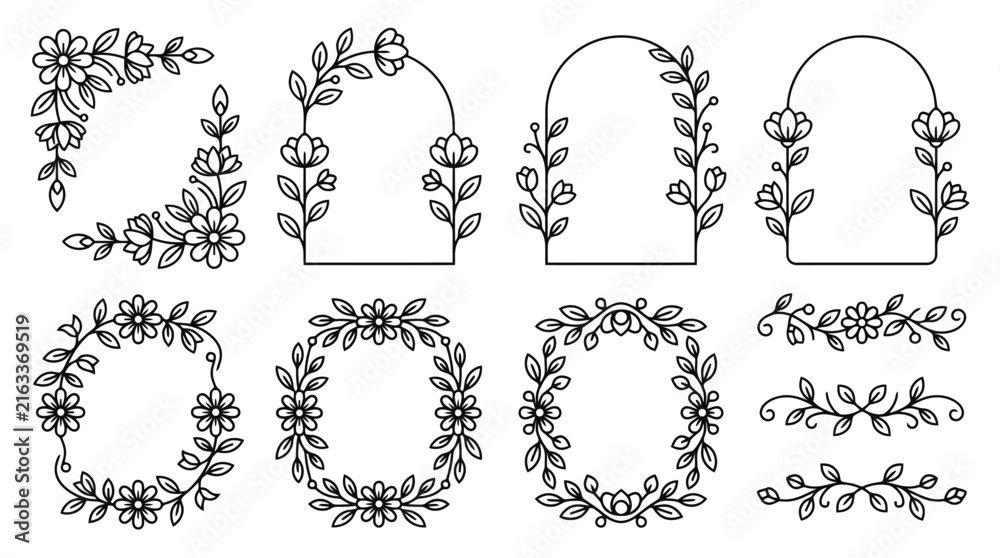 Fototapeta premium Minimalist floral frame set, elegant black line art flower borders, botanical wreath collection for wedding invitations and stationery