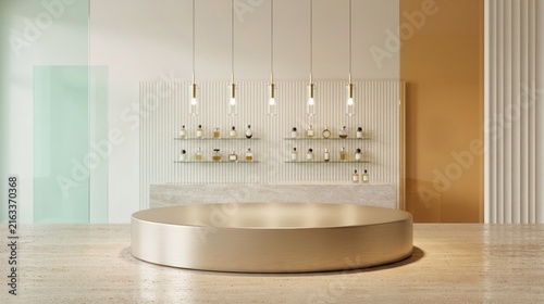 Champagne Gold Podium in a Mint and Amber Fragrance Boutique for Product Display