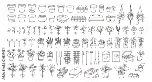 Hand drawn gardening icons set, black and white plant nursery line art, botanical seedling and garden tool vector collection