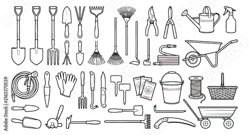 Minimalist gardening tools icon set, black outline garden equipment vector collection, professional landscaping and horticulture icons