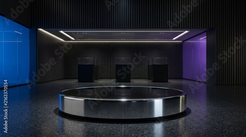 Chrome Product Podium in a Violet Lit Electronics Showroom for Web Design
