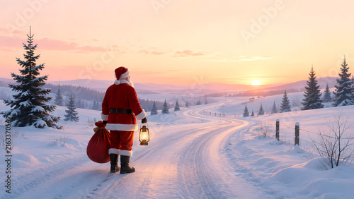 Santa Claus walking on snowy road with lantern at sunset