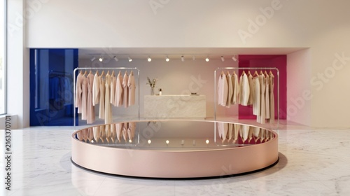 Empty Rose Gold Product Podium in a Sunlit Fashion Boutique for Retail Display