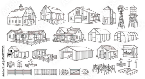 Vintage farm building sketches, hand drawn rustic barn and farmhouse vector set, 18 rural architecture icons for agriculture branding