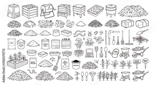 Hand drawn composting icons set, organic gardening doodle vector collection, compost bins and garden tools line art, sustainable farming elements