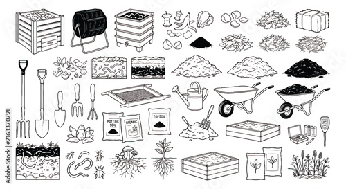 Composting garden tool icons, organic waste recycling set. Hand drawn doodle vector collection of compost bins, soil, and gardening equipment.