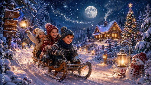 Children sledding past cozy cottage under moonlit winter sky