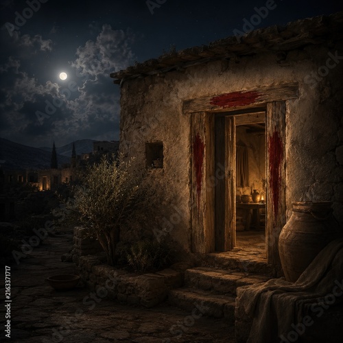 Ancient house with blood-marked doorway under moonlit sky at night during the exodus of the Jews from Egypt