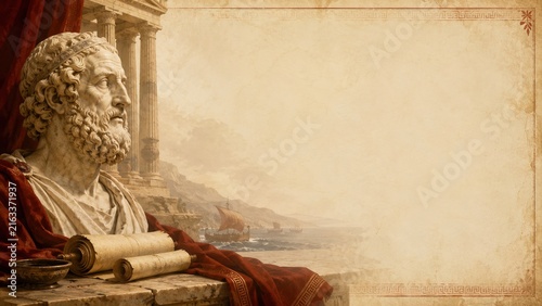 Homer bust against ancient coastline with ships and copy space for text