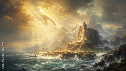 God's hand creating the world among mountains rocks and stormy ocean in rays of light