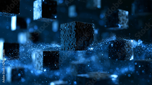 An abstract digital background with floating geometric black cubes, glowing particle waves flowing between them, symbolizing decentralized computing, artificial intelligence, and q