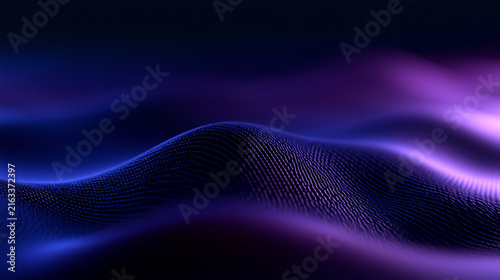 3D render of an abstract big data / DNA network / music soundwave background, wide 16:9 composition, dark deep purple/indigo base with subtle gradient, flowing wave-like ridges