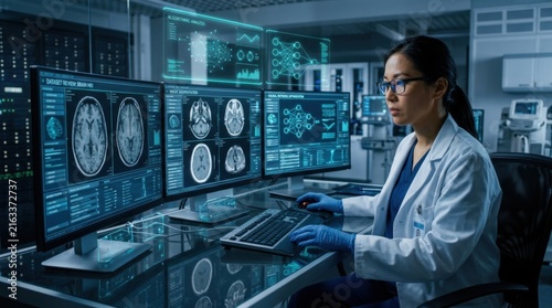 Advanced Medical Research Scientist Analyzing Brain Scans on Futuristic High-Tech Computer Displays