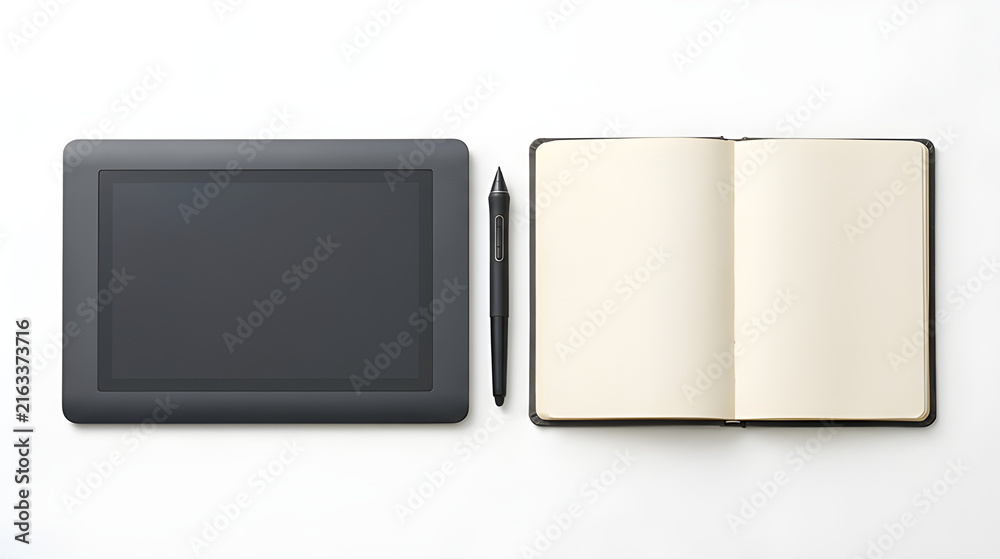 Fototapeta premium Digital Graphic Drawing Tablet with Stylus Pen and Blank Paper Notebook Flat Lay Top View Workspace Setup Concept for Artists Illustrators Designers Graphic Creation and Traditional Sketching Tools