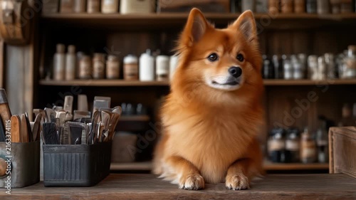 Fluffy Pomeranian dog lying on a wooden counter in a vintage apothecary shop with shelves in the background.
