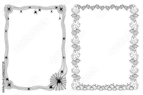 Halloween-themed decorative frames, isolated, featuring ghosts, cobwebs, and spiders on a white background. Vector illustrations of decorative frames.