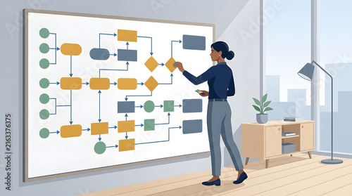Businesswoman analyzing process flowchart diagram on large office whiteboard 