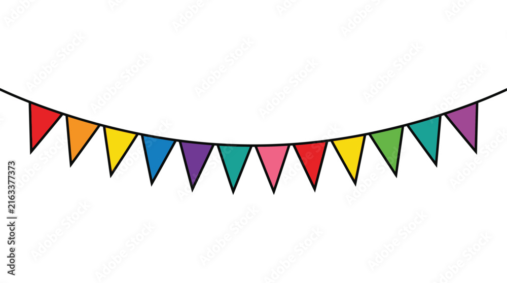 Fototapeta premium Colorful triangular pennant banner hangs against a white background