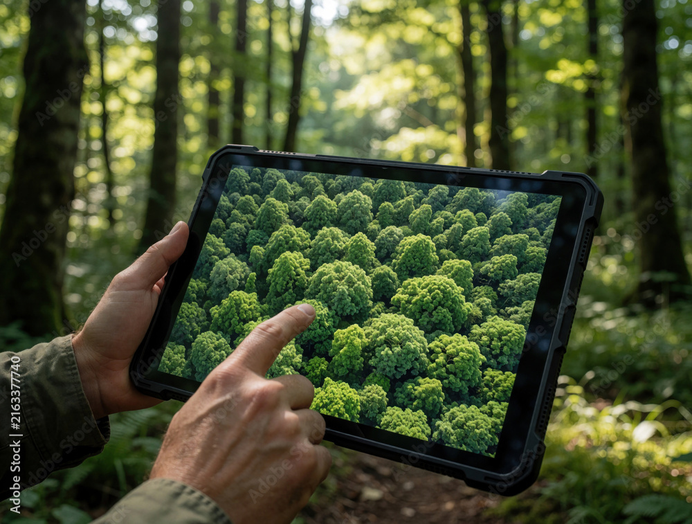 Naklejka premium Person uses digital tablet to study aerial view of green forest canopy. Forester analyzes tree tops on screen via remote sensing app. Pro researcher monitors woodland ecosystem, ecology data in