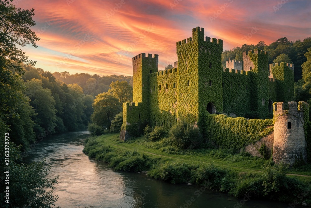 Fototapeta premium Old medieval castle covered in green ivy stands by calm river. Sunset sky with pink clouds glows over stone fortress. Rich forest, trees surround historic architecture near water. Scenic landscape at