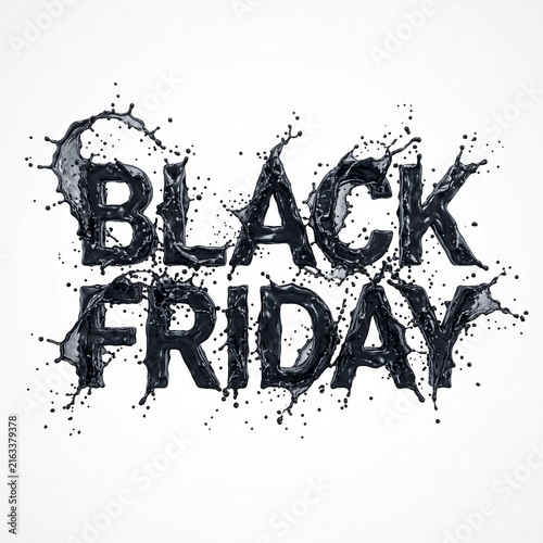 Black Friday text made of black liquid splashes and droplets on white background