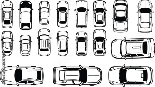 Set of Cars Top View Black and White Outline Vector Collection
