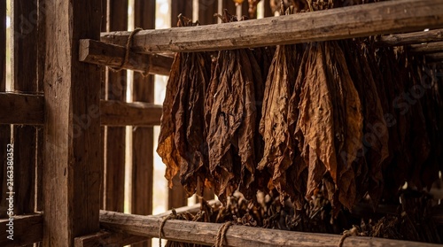 Tobacco leaves drying in a traditional barn for curing and processing