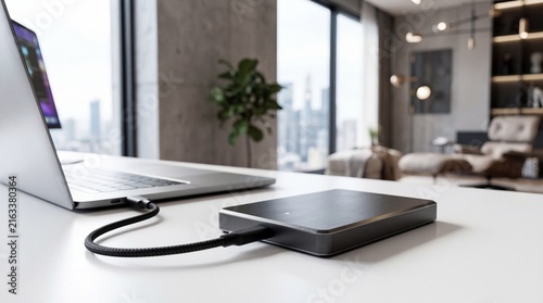 External hard drive connected to laptop, managing data storage and backup solutions