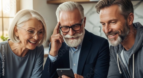 Happy multi-generational family using a smartphone at home, smiling and sharing moments