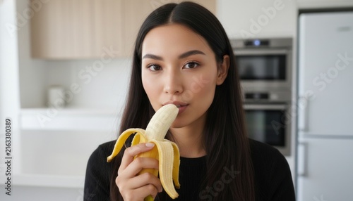 Asian woman eating banana in kitchen, promoting healthy snack and wellness lifestyle