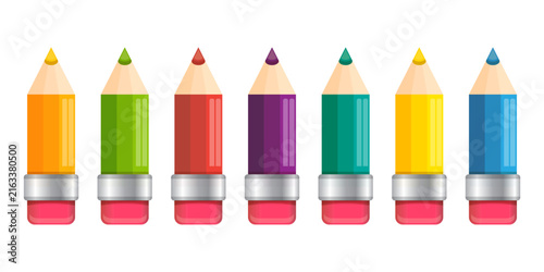 Colorful pencil set vector illustration. Seven short wooden pencils with pink erasers and bright sharp leads isolated on white background for school stationery set and kids art drawing.