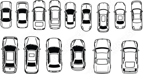 Set of Cars Top View Black and White Outline Vector Collection