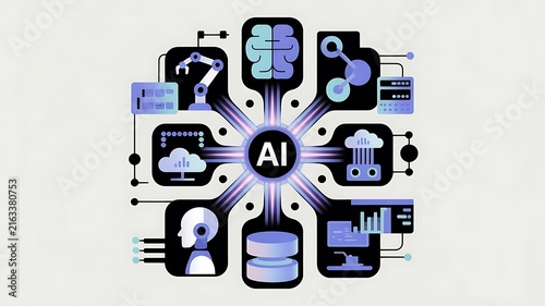 Artificial Intelligence AI technology network diagram with digital icons and data connections.