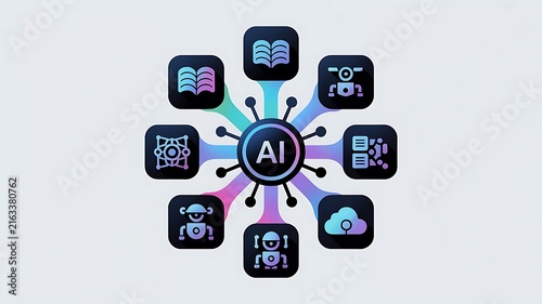 Artificial Intelligence AI technology network diagram with digital icons and data connections