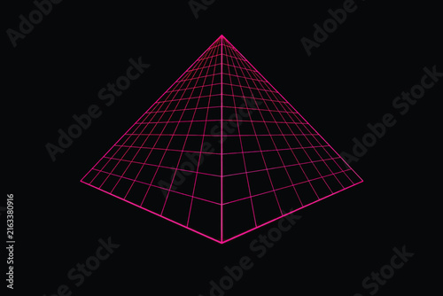 3D Cyberpunk Glowing Pink Wireframe Pyramid Object Design Isolated on Black Background with Retro Synthwave Grid Geometry.
