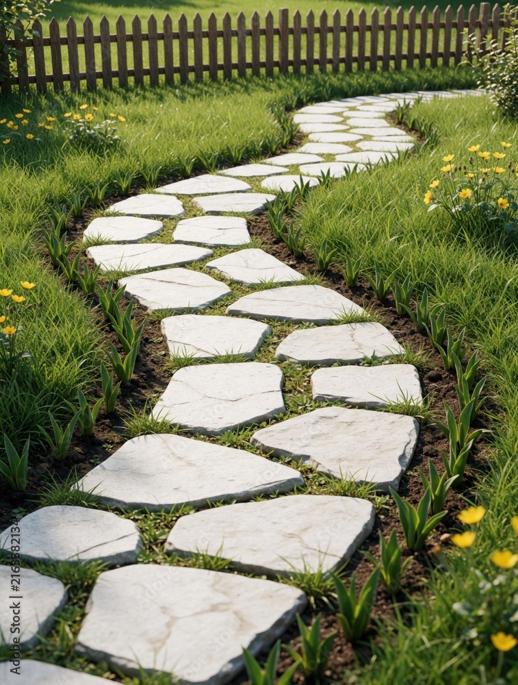 Fototapeta premium Curved stone path crosses green grass lawn near wooden fence. Small yellow flowers bloom beside walkway in sunny garden. This peaceful scene invites exploration.