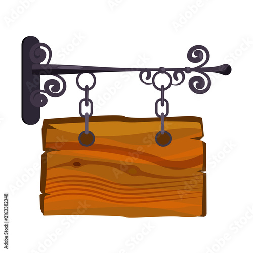 Quadro su tela Vintage wooden signboard hanging on decorative metal bracket isolated on white b